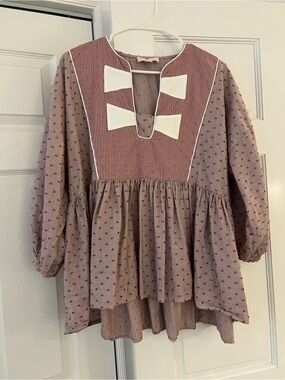 Mauve Smocked Yoke Peasant Blouse with Cream Bow Detail